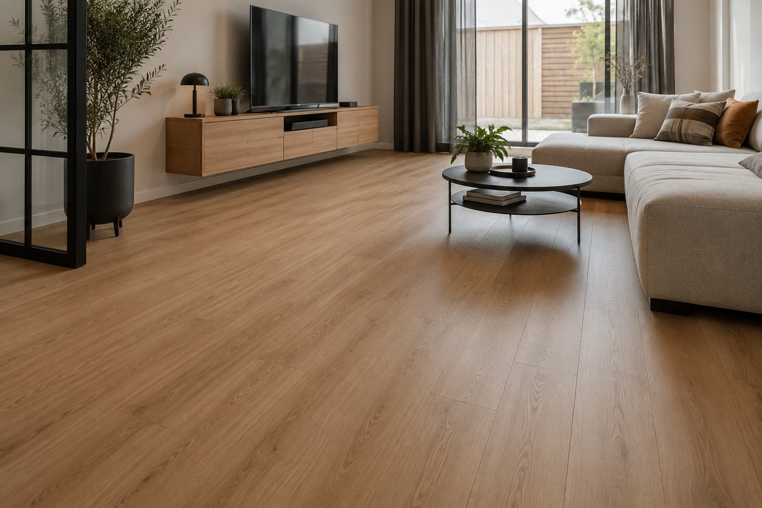 Laminaatvloer met houtlook in een woonkamer
